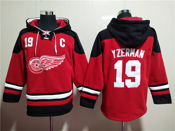 Men's Detroit Red Wings #19 Steve Yzerman Red Lace-Up Pullover Hoodie